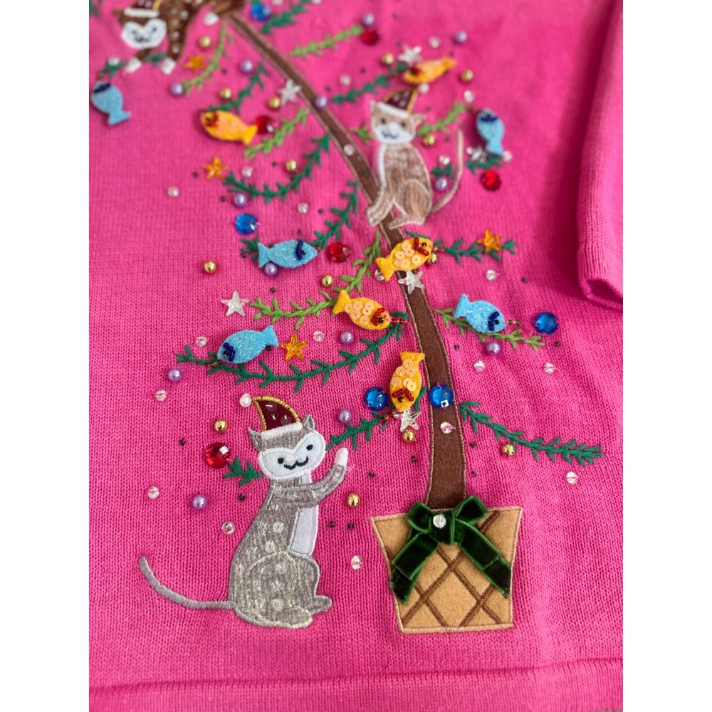 Quacker Factory Pink Cat Christmas Sweater XL Embroidered Beaded Holiday V-Neck - Picture 2 of 8